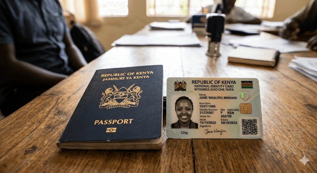 Identification documents on a desk