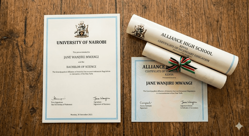 Academic certificates on a table